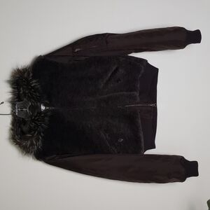 Nine west faux fur cropped fall winter coat with hood, mob wife, women's medium
